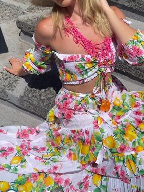 Antica Sartoria 2026 Floral Lemon Tiered Maxi Skirt &Top in White, Pink & Yellow